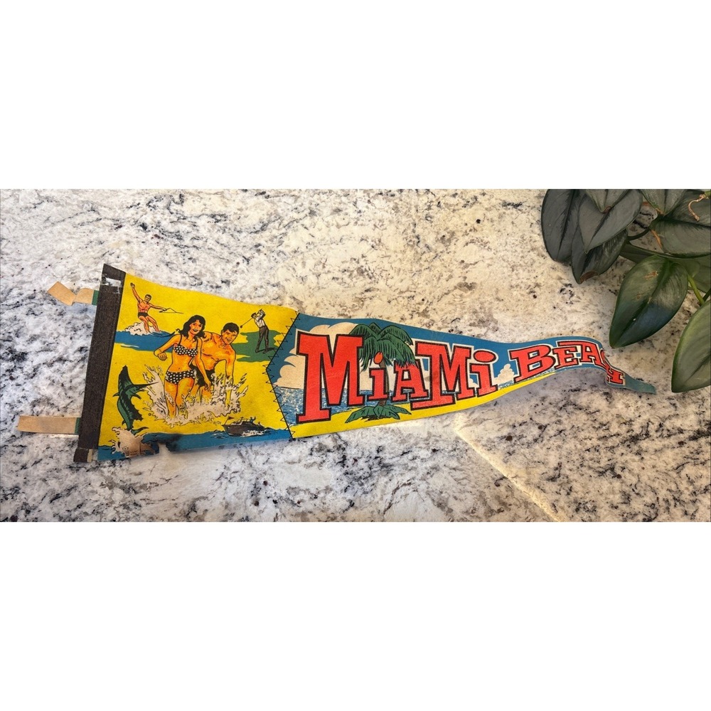 Vintage 1970s Miami Beach Florida Pennant Golf Marlin Bathing Suit Fishing Flag